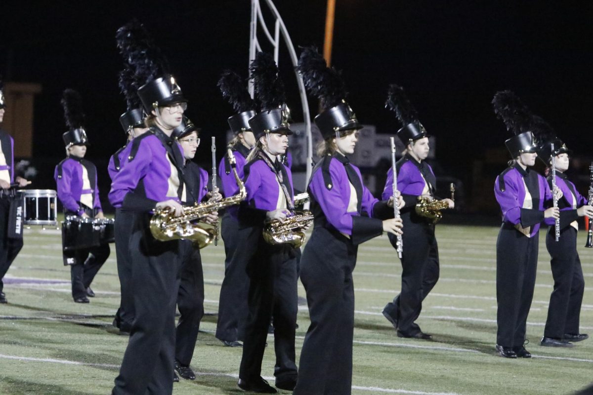 The marching band performs at halftime of last Friday's football game.