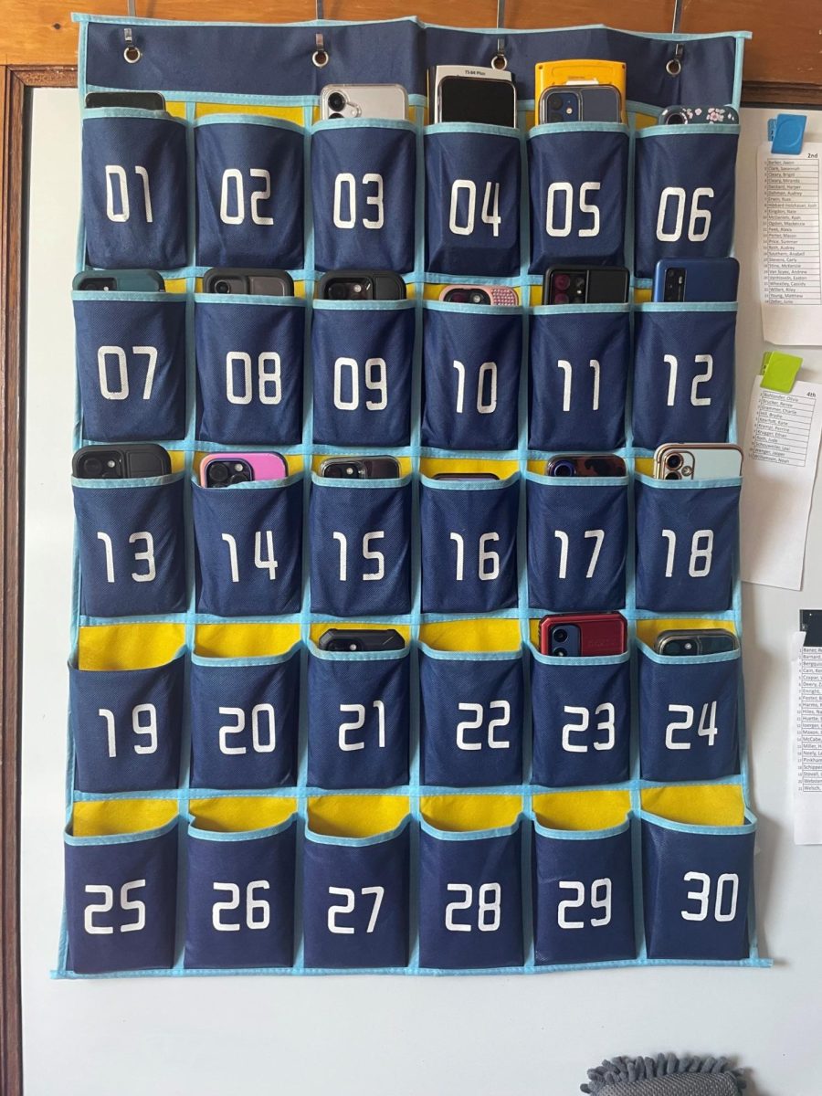The phone pouch in Mr. Natsis' classroom.